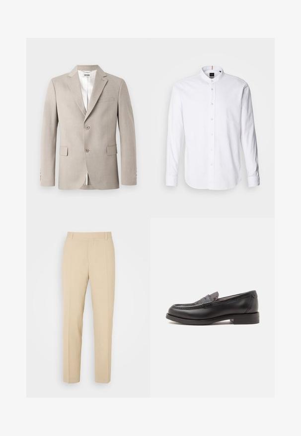 Beige blazer met notch-revers, twee knopen, een borstzak en klepzakken. Gemaakt van een gestructureerde stof, met een witte voering.; Witte lange mouwen shirt met een bandkraag, knoopsluiting aan de voorkant en afgeronde zoom. Gemaakt van katoen, met een gladde textuur en subtiele glans.; Beige op maat gemaakte broek met een recht gesneden ontwerp, gemaakt van lichtgewicht stof, met twee voorzakken en nette, geplooide vouwen.; Zwarte leren loafer met lage hak en gestructureerd bovenwerk, van opzij getoond op een effen lichte achtergrond.