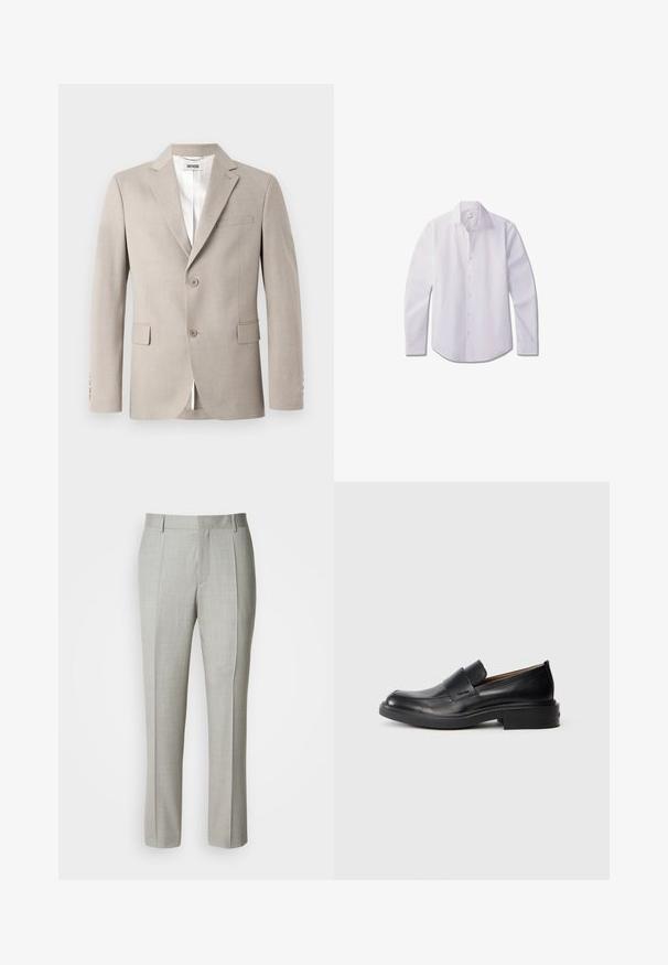 Beige Blazer mit Reverskragen, zwei Knöpfen, Brusttasche und Klapptaschen. Hergestellt aus strukturiertem Stoff und mit weißem Futter.; Weißes langärmliges Hemd aus glattem Stoff, mit klassischem Kragen, vordere Knopfleiste und abgerundetem Saum.; Hellgraue, maßgeschneiderte Hose aus glattem Stoff mit geradem Schnitt, vorderen Abnähern und klassischem Bund mit Gürtelschlaufen.; Schwarze Leder-Pantoletten mit niedrigem Absatz und dezentem Calvin Klein-Logo an der Seite, im Profil vor einem weißen Hintergrund dargestellt.