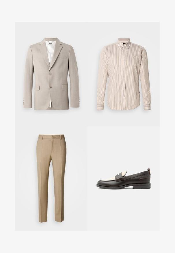 Beige blazer med notch-lapel, to knapper, brystlomme og klaplommer. Fremstillet af struktureret stof med hvid foring.; Stribet skjorte med knapper i beige og lysebrun. Lange ærmer, klassisk krave, knapper foran og en lille logo på brystet. Bomuldsstof.; Beige skræddersyede bukser i tekstureret stof med flad front og lige ben. Har sidelommer og bæltestropper, der giver et poleret udtryk.; Mørkebrune herresko i læder med cremefarvet stofpanel og klassisk syning på remmen, flad sål og trækskærm ved hælen.