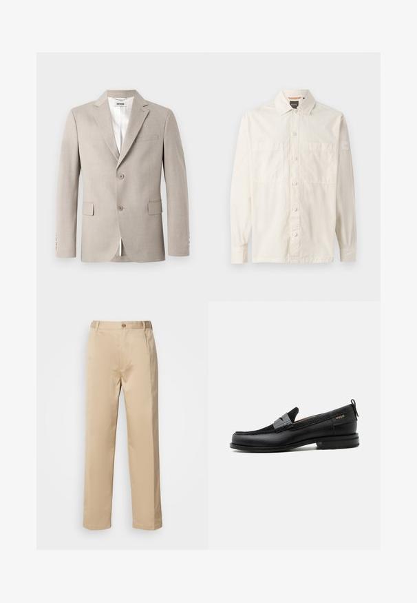 Blazer beige con solapas con muesca, dos botones, bolsillo en el pecho y bolsillos de solapa. Hecho de tejido texturizado, con un forro blanco.; Camisa de mangas largas color beige hecha de tela liviana, con un frente abotonado, dos bolsillos en el pecho y una etiqueta de marca en la manga.; Pantalones beige hechos de una tela ligera, con un diseño de pierna recta, cinturilla con trabillas y un solo botón en la parte frontal.; Mocasín de cuero negro con detalle de tira gris, tacón bajo y suela texturizada, con la marca "HUGO" en oro en el lateral.