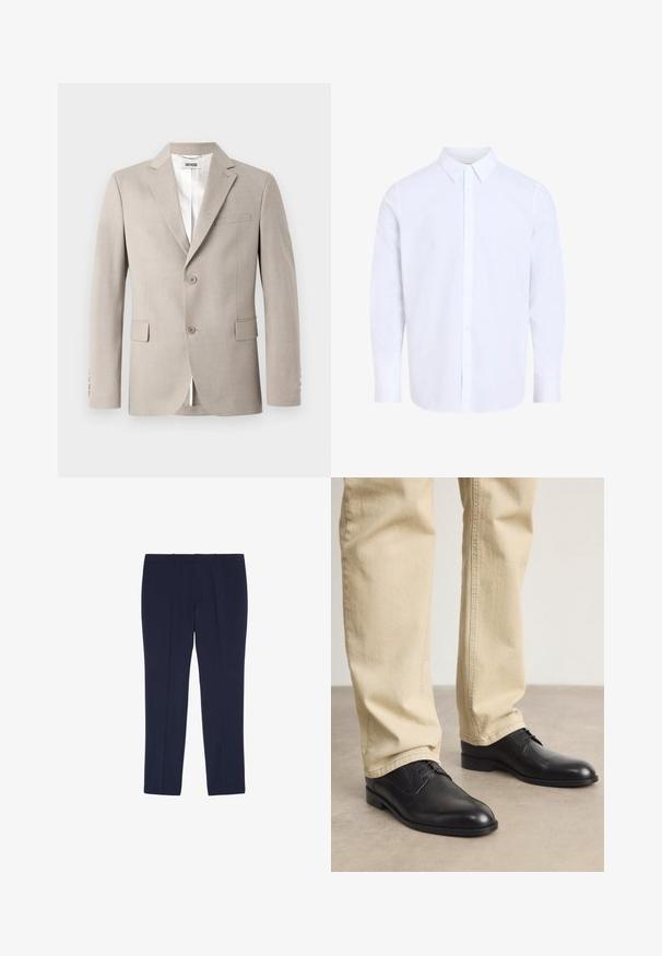 Beige Blazer mit Reverskragen, zwei Knöpfen, Brusttasche und Klapptaschen. Hergestellt aus strukturiertem Stoff und mit weißem Futter.; Weißes Hemd mit langen Ärmeln und klassischem Kragen, aus glattem Stoff gefertigt, mit durchgehendem Knopfleistenverschluss und abgerundetem Saum.; Marineblaue maßgeschneiderte Anzugshosen mit Vorderfalten, Gürtelschlaufen und einem schlanken geraden Bein.; Schwarze Leder Schnürschuhe mit runder Zehenform, glatter Oberfläche und dezenten Nähdetails, getragen mit hellbeigen Hosen.