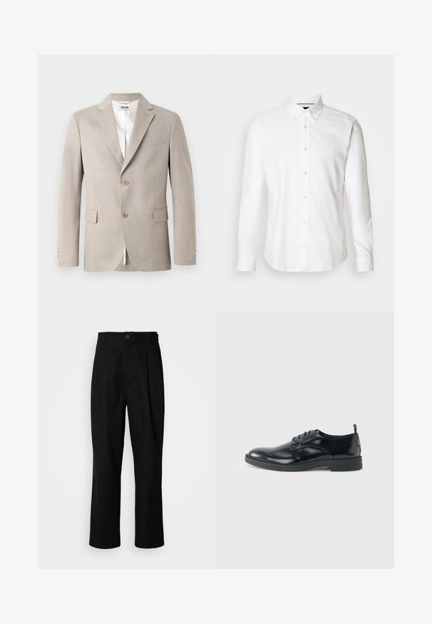 Beige blazer med notch-lapel, to knapper, brystlomme og klaplommer. Fremstillet af struktureret stof med hvid foring.; Hvid langærmet skjorte med knaplukning ved kraven, lavet af glat stof, med et diskret logo på brystet og knaplukning.; Sorte lige ben bukser med en knaplukket talje, bæltestropper og en frontfold, præsenteret mod en ensfarvet hvid baggrund.; Blank sort læder dresssko med lav hæl, snørelukning og rund tå, vist fra siden på ensfarvet lys baggrund.