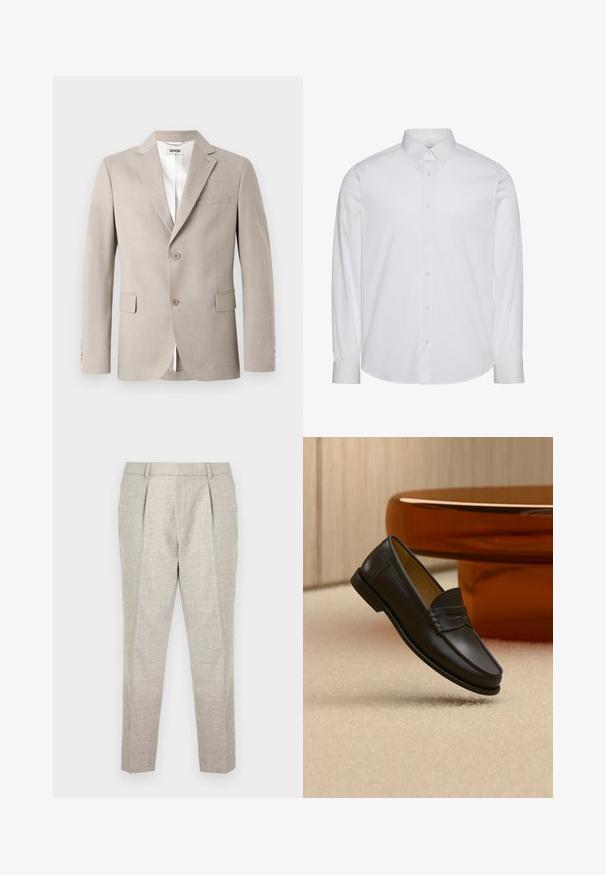 Beige Blazer mit Reverskragen, zwei Knöpfen, Brusttasche und Klapptaschen. Hergestellt aus strukturiertem Stoff und mit weißem Futter.; Weißes langärmliges Hemd aus Baumwolle mit Knöpfen. Verfügt über einen Standardkragen, eine vordere Knopfleiste und einen abgerundeten Saum. Dezentes Markenlogo.; Hellegraue, zugeschnittene Hosen aus strukturiertem Material, mit flachem Frontdesign, zwei vorderen Falten und schlank zulaufenden Beinen, die knapp oberhalb der Knöchel enden.; Schwarzer Leder-Loafer, der über einem hellbeigen Teppich schwebt, mit bernsteinfarbenen modernen Möbeln im Hintergrund.