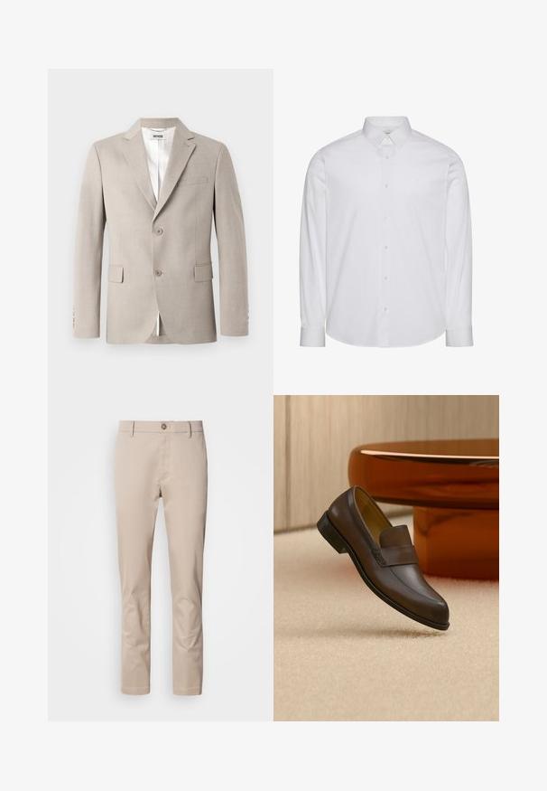 Beige blazer met notch-revers, twee knopen, een borstzak en klepzakken. Gemaakt van een gestructureerde stof, met een witte voering.; Witte, lange mouwen, katoenen overhemd met knopen. Voorzien van een standaardkraag, een voorste knopenlijst en een afgeronde zoom. Subtiel merklogo.; Beige katoenen chino's met een rechte pasvorm, riemlussen, een enkele voorknoop en een gladde, niet-gestructureerde oppervlakte. Er zijn geen zichtbare zakken.; Donkerbruine leren loafer zwevend boven een beige tapijt met een gepolijste ronde houten tafel op de achtergrond.