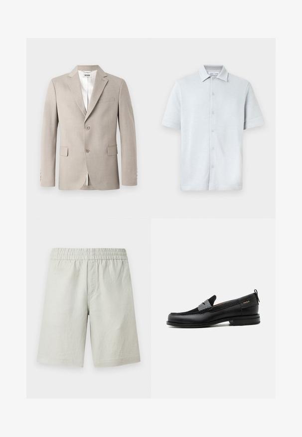 Beige blazer med notch-lapel, to knapper, brystlomme og klaplommer. Fremstillet af struktureret stof med hvid foring.; Kortærmet skjorte med krave i lyseblåt, tekstureret stof med diamantmønster, med knaplukning foran og lige kant.; Lysegrå shorts lavet af tekstureret stof, med elastik i taljen og sidelommer; lige snit.; Sort læderloafer med grå remdetalje, lav hæl og tekstureret sål, mærket med "HUGO" i guld på siden.