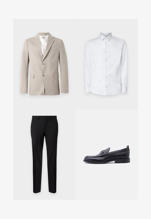 Beige blazer med notch-lapel, to knapper, brystlomme og klaplommer. Fremstillet af struktureret stof med hvid foring.; Hvid langærmet skjorte lavet af glat stof, med en klassisk krave, knaplukning og manchetter med knapper, vist på en ensfarvet baggrund.; Sorte skræddersyede bukser lavet af glat stof, med lige ben, raffinerede folder og en klassisk talje med bæltestropper.; Sort lædermokasin med grå tekstureret forfod, sølvfarvet metalspænde, lav hæl og trækflap bagpå.
