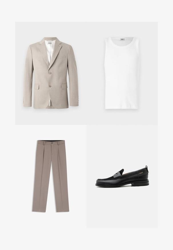 Beige blazer met notch-revers, twee knopen, een borstzak en klepzakken. Gemaakt van een gestructureerde stof, met een witte voering.; Witte katoenen mouwloze tanktop met een ronde halslijn en een gladde textuur. Eenvoudig ontwerp, geen patronen of accenten.; Lichtbruine, op maat gemaakte herensbroek met ceintuurlussen, plooien, knopen aan de voorkant en ritssluiting, plat gelegd op een witte achtergrond.; Zwarte leren loafer met grijs riemdetailelement, lage hak en gestructureerde zool, aan de zijkant gebrandmerkt met "HUGO" in goud.