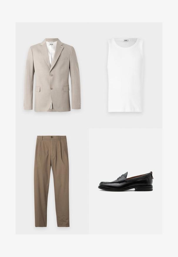 Beige Blazer mit Reverskragen, zwei Knöpfen, Brusttasche und Klapptaschen. Hergestellt aus strukturiertem Stoff und mit weißem Futter.; Weißes Baumwoll-Tanktop ohne Ärmel mit Rundhalsausschnitt und glatter Textur. Einfaches Design, ohne Muster oder Akzente.; Braune plissierte Hose aus weichem Material, mit einem Front-Reißverschluss und Knopfverschluss, geradem Bein-Design und glatter Oberfläche.; Schwarzer Leder-Herrenschuh mit Mokassinnaht, Penny-Riemen, strukturiertem Kragen und niedrigem gestapeltem Absatz auf weißem Hintergrund.