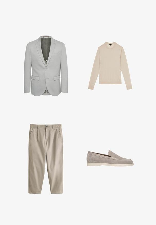 Lichtgrijze blazer met een enkele knoopsluiting, notch revers en twee voorzakken. Getextureerde stof en gedeeltelijk gevoerd interieur.; Licht beige lange mouwen trui met een ronde hals. Gemaakt van zachte stof, met ribgebreide manchetten en onderrand. Minimalistisch ontwerp zonder patronen.; Beige rechte broek met riemlussen, vooraan een knoop, ritssluiting en schuine zijzakken.; Grijze suede instapschoenen met een zachte textuur, met een laag profiel en een witte rubberen zool. Eenvoudige stikdetails over de voorkant.