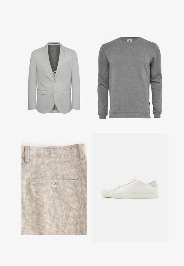 Heller grauer Blazer mit einem Knopfverschluss, Reverskragen und zwei Vordertaschen. Strukturierter Stoff und teilweise gefüttertes Innenfutter.; Grauer Langarm-Sweatshirt aus weichem Baumwoll-Mix. Verfügt über einen Rundhalsausschnitt, gerippte Bündchen und eine schlichte, unifarbene Textur ohne Muster.; Hellbeige Hosen aus strapazierfähigem Stoff, mit einer Gesäßtasche, einem Knopfverschluss und einem dezenten Karomuster.; Weiße Leder Sneakers mit glatter Oberfläche, runder Zehenform und minimalistischem Design. Mit beigen Akzenten an der Ferse und einer Gummisohle.