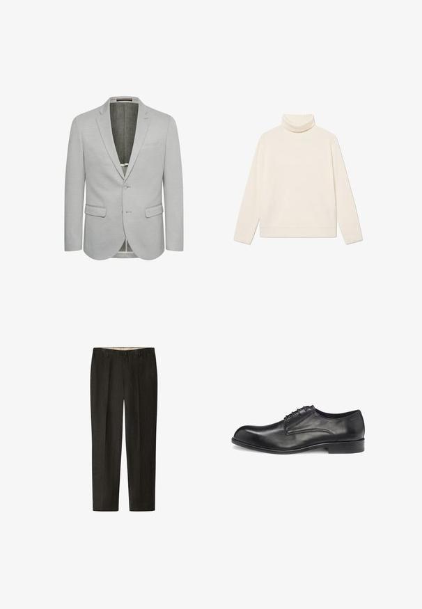 Blazer gris claro con cierre de un botón, solapas con muesca y dos bolsillos frontales. Tejido texturizado y forro interior parcialmente.; Jersey de cuello alto de canalé en color crema, hecho de una tela suave, con mangas largas y un corte relajado, que presenta un cuello doblado y un dobladillo.; Pantalones gris oscuro hechos de un tejido texturizado, con corte recto, pliegues en la parte delantera y una cintura con pasadores para cinturón.; Zapato de vestir de cuero negro con cierre de cordones, acabado liso, punta redondeada, costuras mínimas y suela plana de goma. El lateral presenta el logo de la marca.