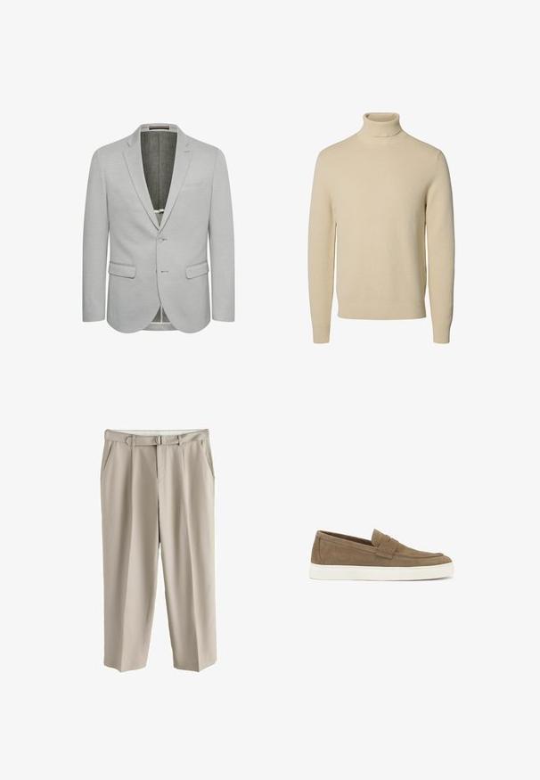 Lysegrå blazer med enkeltknaplukning, slagkraver og to frontlommer. Tekstureret stof og delvist foret indre.; Beige strikket rullekravesweater med lange ærmer og ribstrikkede manchetter og kant, vist på en ensfarvet hvid baggrund.; Beige bukser med vide ben, bæltestropper, to sidelommer og et matchende stofbælte med metal D-ring spænde.; Brune ruskinds slip-on sko med en hvid gummisål, der har et syet tådesign og en dekorativ rem over vristen.