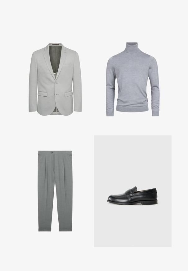 Blazer gris claro con cierre de un botón, solapas con muesca y dos bolsillos frontales. Tejido texturizado y forro interior parcialmente.; Suéter gris de cuello tortuga hecho de un suave tejido de punto. Cuenta con mangas largas y un diseño ajustado con puños y dobladillo acanalados. Textura simple y suave.; Pantalones de vestir a medida en gris claro, con pliegues frontales, pestañas ajustadoras laterales, cierre con botón y dobladillos puño.; Mocasines de cuero negro con punta redondeada, detalles cosidos y suela plana de goma. Presentan una banda ancha sobre el empeine.
