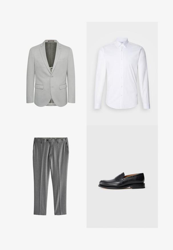Lichtgrijze blazer met een enkele knoopsluiting, notch revers en twee voorzakken. Getextureerde stof en gedeeltelijk gevoerd interieur.; Witte lange mouwen knoopshirt gemaakt van gladde katoenstof, met een klassieke kraag, knoopsluiting en een gebogen zoom.; Grijze formele broek met riemlussen, knoopsluiting aan de voorkant en zijzakken, plat liggend op een witte achtergrond.; Zwarte leren instapper met een gladde afwerking, ronde neus en een kleine voorklep. Heeft een lage, solide zwarte hak en minimale ontwerpaccenten.