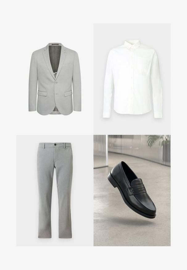 Blazer gris clair avec une fermeture à un bouton, des revers en pointe et deux poches avant. Tissu texturé et intérieur partiellement doublé.; Chemise blanche à manches longues avec boutons, en coton, dotée d'un col pointu et d'une poche unique sur le côté gauche de la poitrine. Texture lisse.; Pantalons de costume gris clair ajustés pour hommes avec passants de ceinture, bouton avant et poches latérales, présentés sur un fond blanc.; Mocassin en cuir noir à texture lisse, bout pointu et bande décorative sur le cou-de-pied. Semelle légère, design minimaliste.