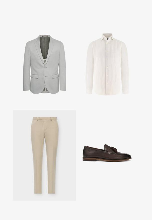 Heller grauer Blazer mit einem Knopfverschluss, Reverskragen und zwei Vordertaschen. Strukturierter Stoff und teilweise gefüttertes Innenfutter.; Weißes Hemd mit langen Ärmeln, dünnen vertikalen blauen Streifen, durchgehender Knopfleiste und spitzem Kragen.; Beige maßgeschneiderte Hosen mit schlanker Passform, flachem Vorderteil, dezenten Seitentaschen und einem glatten, strukturierten Stoff.; Dunkelbraune Lederloafers mit glatter Oberfläche, dekorativen Quasten und einer kontrastierenden braunen Sohle. Klassisches Slip-On-Design.