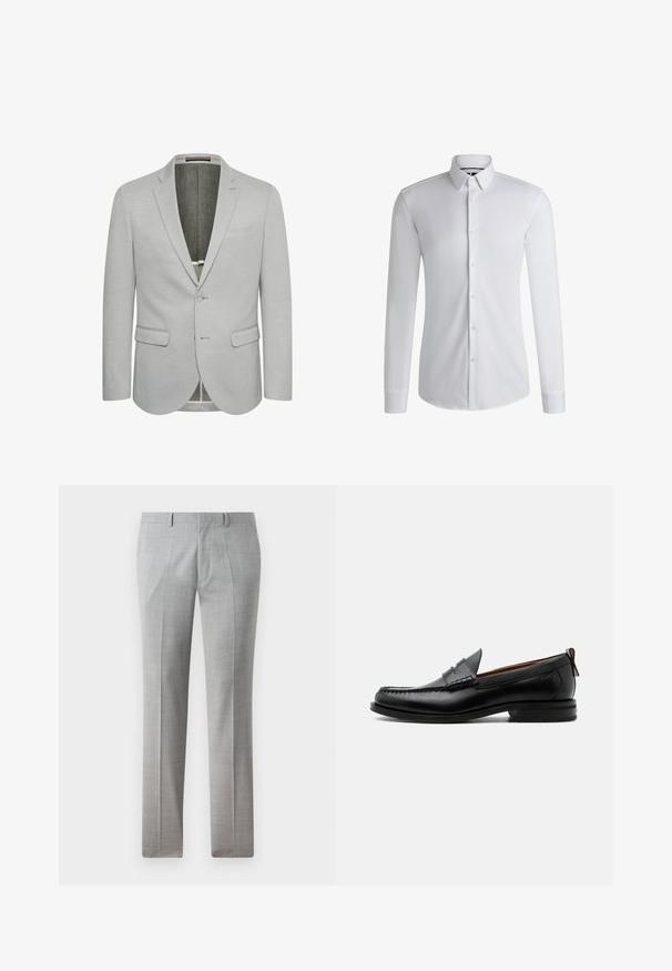 Lichtgrijze blazer met een enkele knoopsluiting, notch revers en twee voorzakken. Getextureerde stof en gedeeltelijk gevoerd interieur.; Witte dress shirt met lange mouwen, gemaakt van gladde stof, met een button-down kraag en een rij knoppen aan de voorkant. Eenvoudig ontwerp.; Grijze op maat gemaakte broek van een gladde stof, met een fijn gecontroleerd patroon, rechte pijpen en riemlussen. Geen zichtbare zakken.; Zwarte leren herensloffen met moc toe stiksel, pennyriem, gestructureerde kraag en lage gestapelde hak op witte achtergrond.