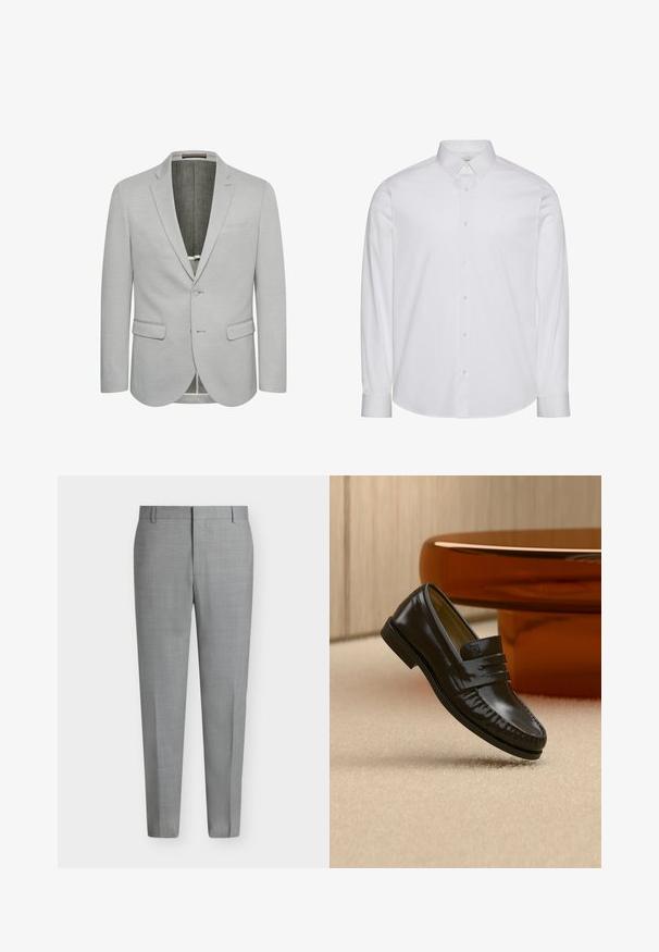 Lichtgrijze blazer met een enkele knoopsluiting, notch revers en twee voorzakken. Getextureerde stof en gedeeltelijk gevoerd interieur.; Witte, lange mouwen, katoenen overhemd met knopen. Voorzien van een standaardkraag, een voorste knopenlijst en een afgeronde zoom. Subtiel merklogo.; Lichtgrijze op maat gemaakte pantalon met riemlussen, een platte voorkant en rechte pijpen tegen een witte achtergrond.; Glanzende zwarte leren loafer met een banddetail, geplaatst op een beige tapijt naast een ronde bruine salontafel in een zacht verlichte kamer.
