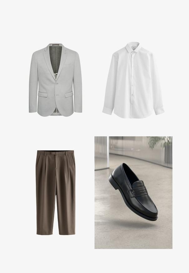 Blazer gris claro con cierre de un botón, solapas con muesca y dos bolsillos frontales. Tejido texturizado y forro interior parcialmente.; Next EASY CARE SLIM FIT SINGLE CUFF - Camisa - white; Pantalones cortos marrones con trabillas para cinturón, bolsillos laterales, cremallera frontal y pinzas en ambas piernas.; Mocasín de cuero negro con textura suave, punta puntiaguda y una correa decorativa a lo largo del empeine. Suela ligera, diseño minimalista.