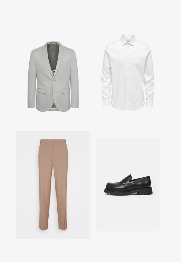 Lichtgrijze blazer met een enkele knoopsluiting, notch revers en twee voorzakken. Getextureerde stof en gedeeltelijk gevoerd interieur.; Wit herenshirt met lange mouwen, een puntige kraag en een rij witte knopen aan de voorkant op een effen achtergrond.; Beige, op maat gemaakte broek van een gladde, gestructureerde stof. Rechte pasvorm met een tailleband en zonder zichtbare versieringen of zakken.; Zwarte leren loafer met dikke geribbelde zool en pennyriemdetail, getoond in rechter zijprofiel op witte achtergrond.
