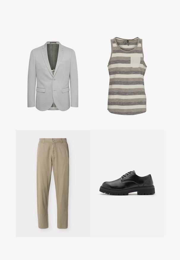 Heller grauer Blazer mit einem Knopfverschluss, Reverskragen und zwei Vordertaschen. Strukturierter Stoff und teilweise gefüttertes Innenfutter.; Gestreifter Tanktop in Grau und Creme, hergestellt aus leichtem Stoff, mit einer Brusttasche und abgerundetem Saum.; Beige Baumwollhosen mit geradem Schnitt, Gürtelschlaufen, vorderer Knopfleiste und Reißverschluss, dargestellt vor einem schlichten weißen Hintergrund.; Schwarze Lederschuhe mit runder Zehenform, Schnürdesign und einer dicken, strukturierten Gummisohle. Sie verfügen über eine Naht entlang des Randes und haben eine glatte Oberfläche.