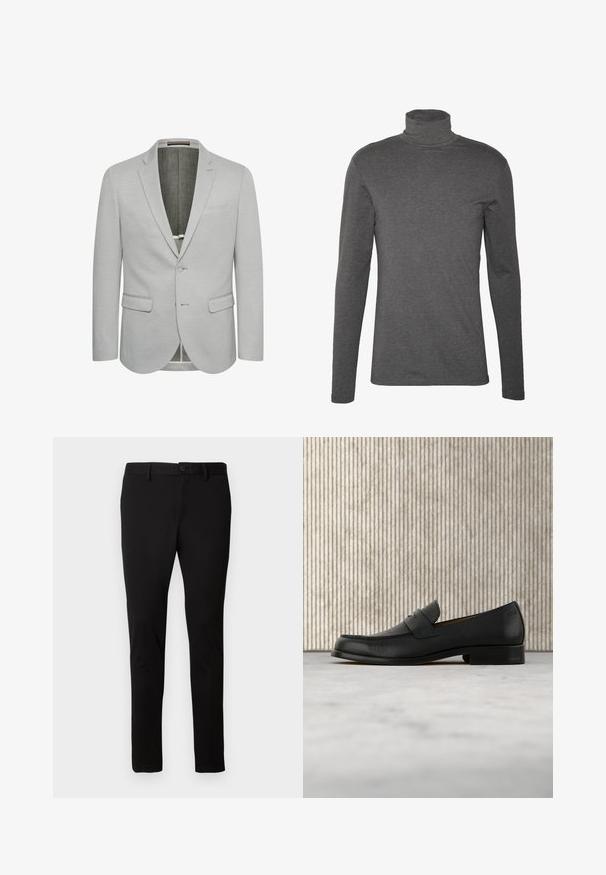 Lysegrå blazer med enkeltknaplukning, slagkraver og to frontlommer. Tekstureret stof og delvist foret indre.; Grå langærmet turtleneck-skjorte lavet af blødt stof, med en tætsiddende design og minimale stitching-detaljer omkring halsen og manchetterne.; Sorte bukser lavet af strækbart stof med et klassisk design, lige ben, forlommer og en enkelt knaplukning i taljen.; Sort lædersko i loafer-stil svæver over et beige tæppe med et blankt brunt rundt bord i baggrunden.