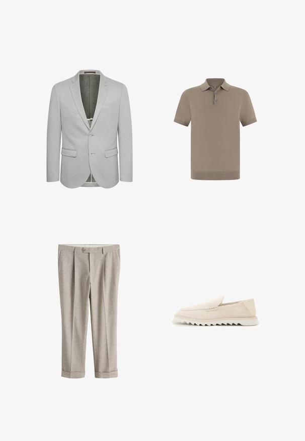 Lichtgrijze blazer met een enkele knoopsluiting, notch revers en twee voorzakken. Getextureerde stof en gedeeltelijk gevoerd interieur.; Polohemd in taupe met een gestructureerde afwerking, korte mouwen en een kraag. Heeft een knoopsluiting met drie knopen en geribbelde boorden.; Lichtbeige op maat gemaakte broek met knoopsluiting, riemlussen, zijzakken en omgeslagen zomen.; Beige suède instap loafer met gekartelde witte rubberen zool en glad hielstuk, zijaanzicht op witte achtergrond.