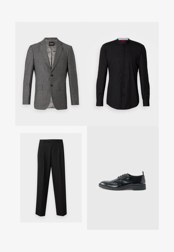 Blazer gris con un sutil patrón de espiga, cierre de dos botones, solapas de muesca y dos bolsillos frontales. Forrado con una tela de color gris claro.; Camisa negra de manga larga con cuello mandarín, confeccionada en una tela suave, con cierre de botones en la parte delantera y detalles de diseño sutiles.; Pantalones negros a medida con perneras rectas, pliegues en la cintura, trabillas para cinturón y bolsillos laterales con abertura, exhibidos sobre un fondo liso.; Zapato de vestir negro de cuero brillante con tacón bajo, cierre de cordones y puntera redonda, mostrado de lado sobre un fondo claro y liso.