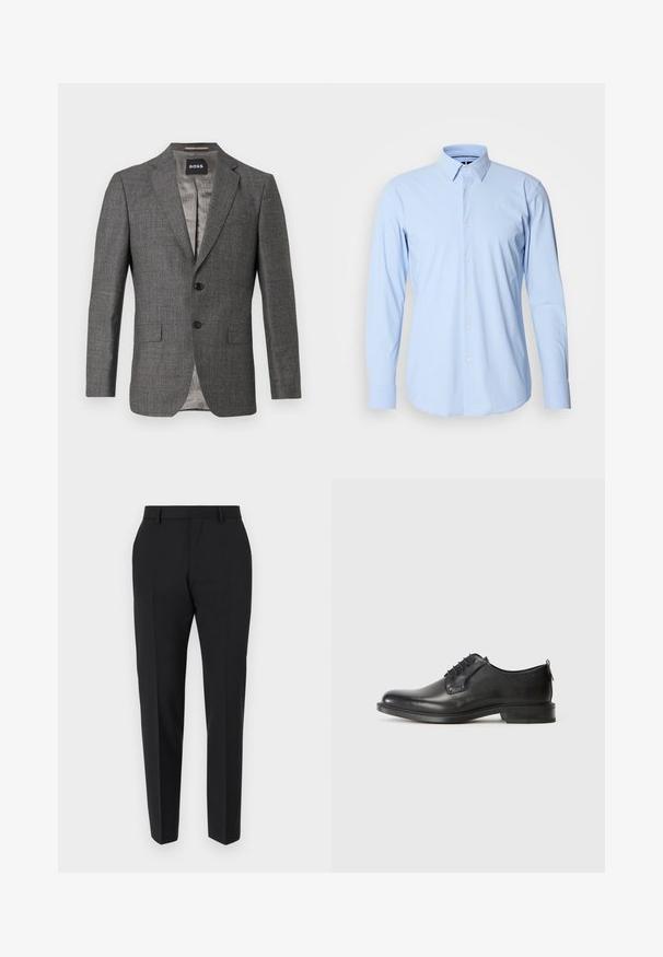 Blazer gris avec un motif hachuré subtil, fermeture à deux boutons, revers crantés, et deux poches avant. Doublé d'un tissu gris clair.; Chemise à manches longues bleu clair en tissu mélangé coton, dotée d'un devant boutonné, de poignets simples et d'un design de col classique.; Pantalons noirs au design ajusté, avec un devant plat, des détails de plis et une coupe élégante. Fabriqués en tissu lisse pour un look raffiné.; Chaussure de ville pour homme en cuir noir à lacets, avec un petit talon et une finition lisse, présentée en profil latéral sur un fond clair et uni.