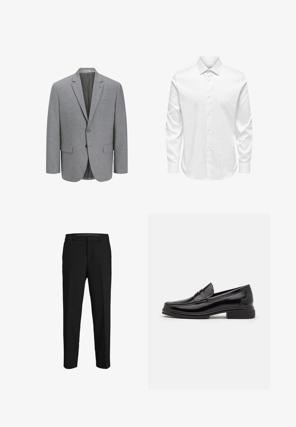 Grå blazer lavet af tekstureret stof, to-knaps lukning, klapkrave, enkelt brystlomme og to sidelommer. For med foer.; Hvid herreskjorte med lange ærmer, spids krave og række af hvide knapper foran på ensfarvet baggrund.; Sorte bukser lavet af glat stof, med lige snit, bæltestropper og et fladt frontdesign uden synlige mønstre eller pyntegenstande.; Sorte læder loafers med en rund tå, der har en syet detalje over vristen og en lav blokhæl. Glat tekstur og blank finish.