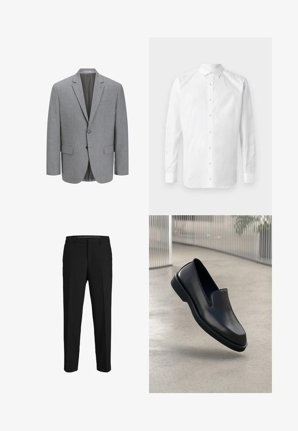 Grå blazer lavet af tekstureret stof, to-knaps lukning, klapkrave, enkelt brystlomme og to sidelommer. For med foer.; Hvid langærmet skjorte med knapper, klassisk krave, frontplacket med knapper og en glat bomuldsstruktur.; Sorte bukser lavet af glat stof, med lige snit, bæltestropper og et fladt frontdesign uden synlige mønstre eller pyntegenstande.; Sorte lædersslip-on sko med rund tå, forhøjet frontpanel og struktureret gummisål, placeret mod en glat gulv.