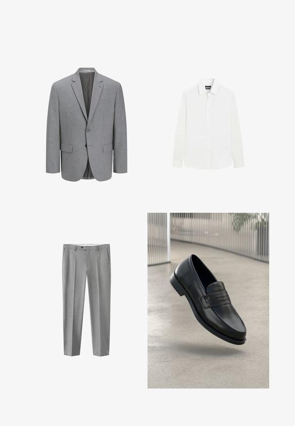 Grå blazer lavet af tekstureret stof, to-knaps lukning, klapkrave, enkelt brystlomme og to sidelommer. For med foer.; Herre skjorte med lange ærmer i hvid med knaplukning foran og klassisk krave, vist på en ensfarvet hvid baggrund.; Lysegrå herre bukser til fest med bæltestropper, forlommer, knap- og lynlås lukning og pressede folder ned ad hvert ben.; Sort lædersko med glat tekstur, spids tå og en dekorativ rem over vristen. Letvægts sål, minimalistisk design.