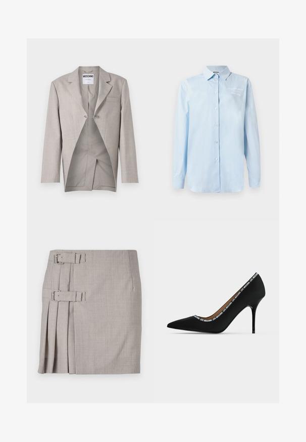 Lys grå blazer med en tekstureret overflade, der har en enkelt brystlomme og et synligt interiør med et unikt snit og sølvklapdetalje.; Lyseblå skjorte med knapper lavet af bomuld. Har klassisk krave, lange ærmer og broderede detaljer på den øverste venstre side.; Grå nederdel med struktureret stof, sidelæg og to spænde detaljer for justerbar pasform. Klassisk lige form, knælængde design.; Sort spids højhælet sko med stiletthæl og "LOVE MOSCHINO" tekstkant langs åbningens kant, sidevisning på hvid baggrund.
