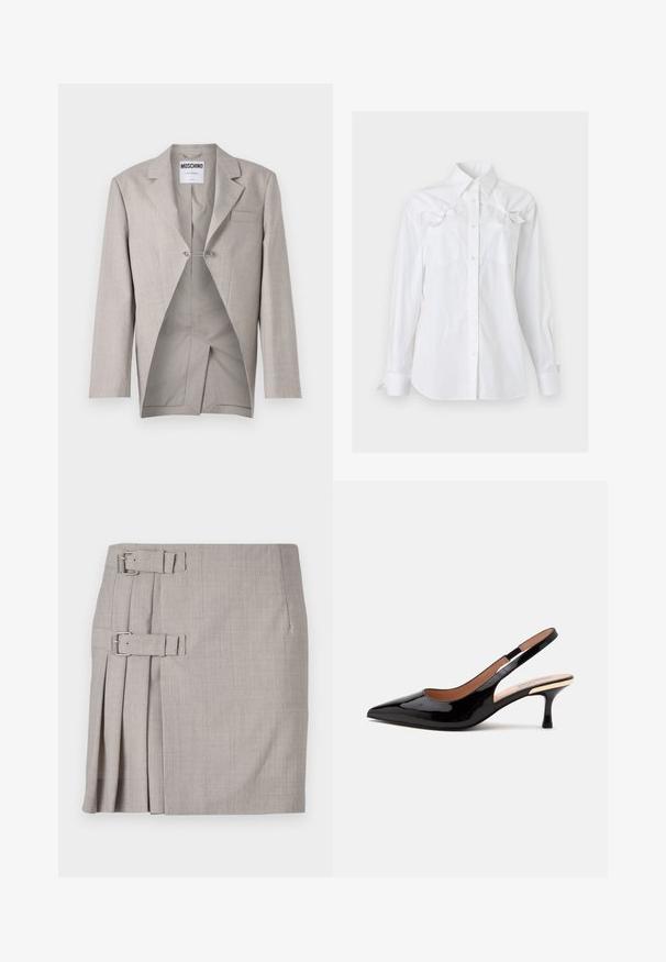 Blazer gris clair avec une finition texturée, présentant une poche poitrine unique et un intérieur visible avec une coupe originale et un détail de fermoir en argent.; Chemise blanche à manches longues, boutonnée, avec un col et deux poches poitrine, chacune ornée d'un noeud décoratif près du haut.; Jupe grise en tissu texturé, avec des plis sur les côtés et deux accents de boucle pour un ajustement réglable. Forme droite classique, conception à mi-mollet.; Escarpin slingback en cuir verni noir avec bout pointu et petit talon kitten sur fond blanc uni.