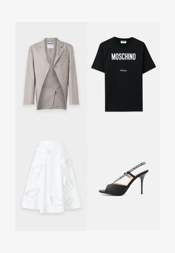 Lys grå blazer med en tekstureret overflade, der har en enkelt brystlomme og et synligt interiør med et unikt snit og sølvklapdetalje.; Sort bomulds T-shirt med en fed hvid "MOSCHINO" logo øverst og "Milano" nedenunder, med korte ærmer og rund halsudskæring.; Hvid A-linje nederdel lavet af bomuld, med oversized udskæringer og en glat tekstur. Inkluderer en struktureret talje.; Sort højhælet åben tå sandal med tynde stropper mærket "LOVE MOSCHINO" over foden og omkring anklen.