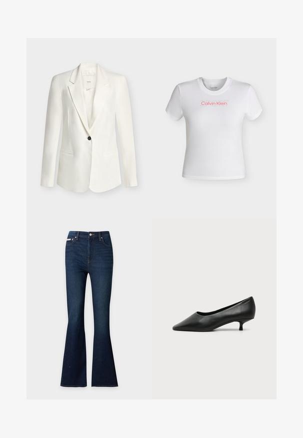 Blazer blanc à un bouton avec des revers à crans et deux poches avant, exposé sur un fond clair uni.; T-shirt court blanc à manches courtes avec col rond, arborant le logo "Calvin Klein" en rouge et un texte "SPORT" discret au-dessus sur la poitrine.; Jean en denim bleu foncé avec taille haute, bouton à l'avant, cinq poches et jambes légèrement évasées sur un fond uni.; Escarpin femme en cuir noir à petit talon, bout pointu et petit talon kitten sur fond clair uni.