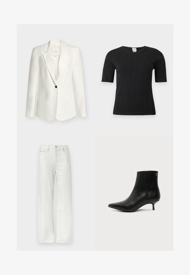 Blazer blanc à un bouton avec des revers à crans et deux poches avant, exposé sur un fond clair uni.; Haut Calvin Klein noir à manches courtes côtelées, col rond et logo discret brodé sur la poitrine, sur un fond uni.; Jean blanc droit avec poches avant et arrière, passants pour ceinture, fermeture par bouton et détails de coutures visibles.; Bottine en cuir noir avec bout pointu et petit talon kitten sur fond clair, vue côté extérieur.