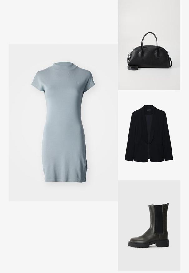 Blazer noir avec un revers en pointe, fermeture à un bouton, deux poches avant et un tissu lisse et texturé. Sans motifs ni embellissements visibles.; Robe bleu clair à manches courtes en tissu lisse et extensible, avec un design ajusté et un col haut. Présente un petit logo sur la poitrine.; Bottine en cuir vert avec des panneaux élastiques sur les côtés, bout arrondi et semelle en caoutchouc. Présente une finition texturée et un talon épais.; Sac à main en cuir noir avec une forme arrondie, deux poignées supérieures, surface texturée et bandoulière amovible. Deux accents hexagonaux sur les côtés.