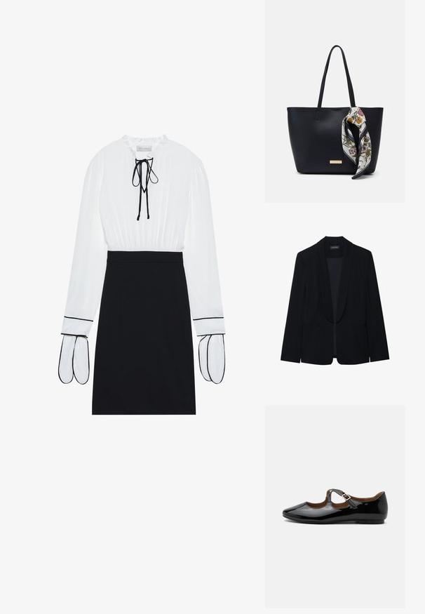 Zwarte blazer met een piekrevers, enkele knoopsluiting, twee cargopockets en een gladde, gestructureerde stof. Geen zichtbare patronen of versieringen.; Witte blouse met een geplooide halslijn en trekkoord; zwarte fitted rok met contrasterende witte bies op de mouwen. Glad stoftextuur.; Zwarte lakleren Mary Jane platte schoen met twee uitsparingen en een gouden gespbandje op een witte achtergrond.; Zwarte leren tote bag met twee schouderriemen, voorzien van een zijden sjaal met bloemenprint die aan de handgreep is geknoopt en een metallic logo-accent aan de voorkant.