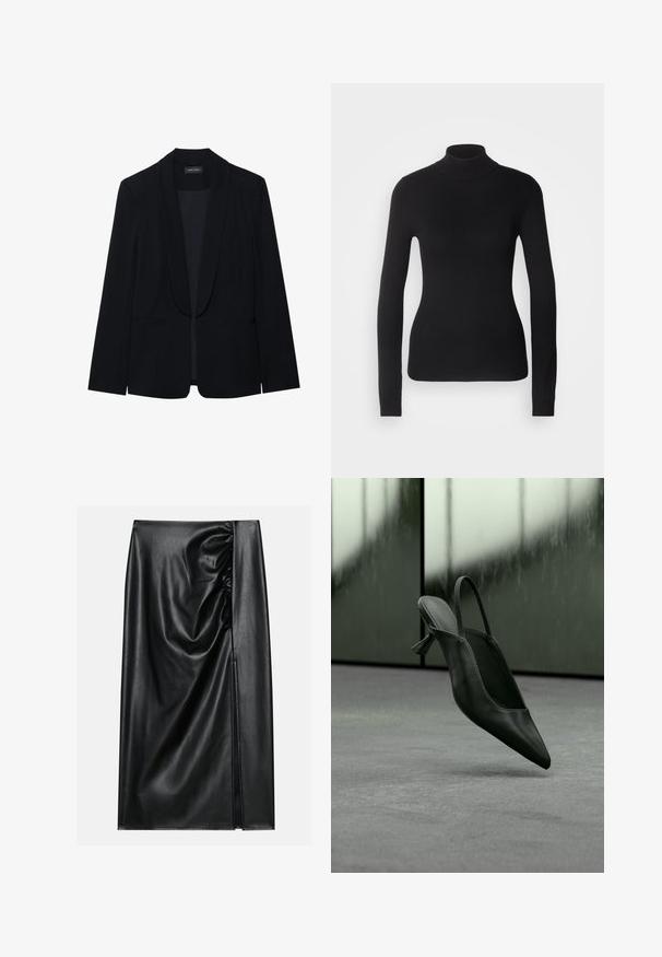 Schwarzer Blazer mit Reverskragen, einer Knopfleiste, zwei vorderen Taschen und einem glatten, strukturierten Stoff. Keine sichtbaren Muster oder Verzierungen.; Schwarzer Rollkragenpullover aus leichtem Strickgewebe. Mit langen Ärmeln, taillierter Passform und weichem Ripptextil.; Schwarzer Lederrock mit glatter Textur, der auf einer Seite einen gerafften Abschnitt und einen seitlichen Schlitz für zusätzlichen Detailreichtum aufweist.; Schwarzer Slingback-Highheel aus Leder mit spitzer Schuhspitze, schwebt über grauem Teppichboden, unscharfer grünlicher Wandhintergrund.