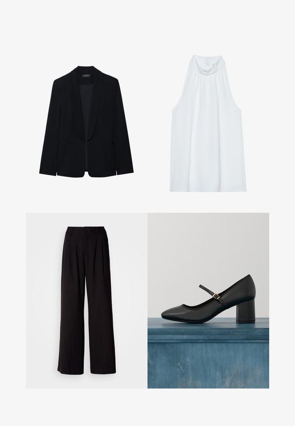 Blazer noir avec un revers en pointe, fermeture à un bouton, deux poches avant et un tissu lisse et texturé. Sans motifs ni embellissements visibles.; Haut sans manches blanc avec un col montant, en tissu doux, présentant des détails froncés au niveau du col et une fermeture éclair dissimulée à l'arrière.; Pantalon large noir en tissu lisse, avec des plis à l'avant, une taille ajustée, et sans motifs ni accents visibles.; Chaussure Mary Jane noire avec talon carré et sangle à boucle dorée, flottant au-dessus d'un sol en béton lisse dans un cadre intérieur minimaliste.