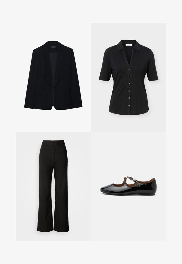 Blazer noir avec un revers en pointe, fermeture à un bouton, deux poches avant et un tissu lisse et texturé. Sans motifs ni embellissements visibles.; Chemise noire à manches courtes avec col, six boutons sur le devant, et une silhouette légèrement cintrée.; Pantalons noirs à jambes larges avec une texture lisse, taille haute et un design épuré. Pas de poches visibles ni d'embellissements.; Chaussure plate Mary Jane en cuir verni noir avec deux découpes et une bride à boucle dorée sur fond blanc.
