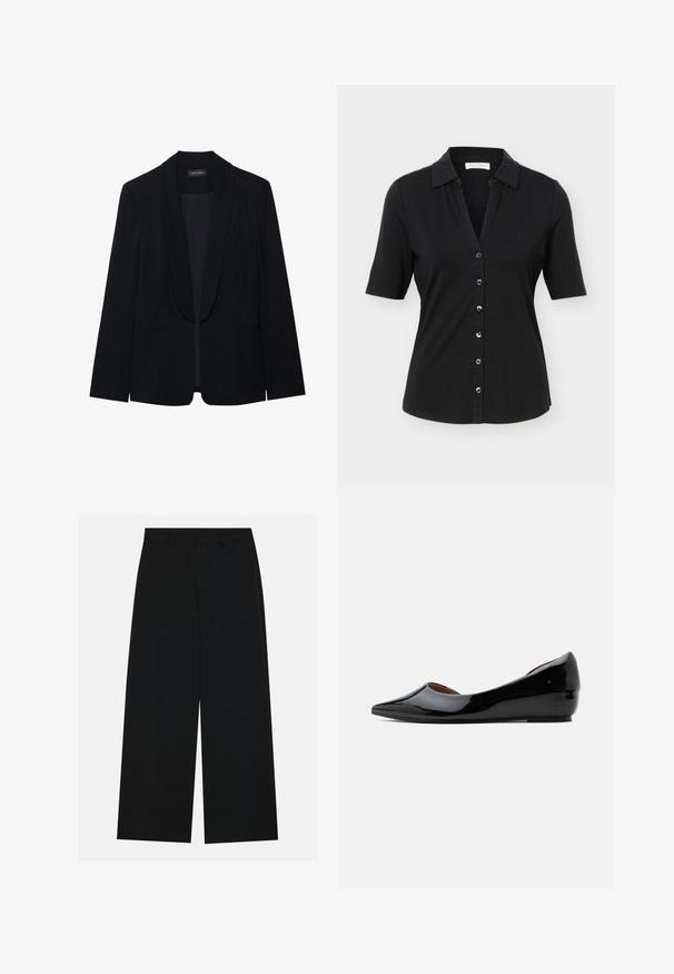 Schwarzer Blazer mit Reverskragen, einer Knopfleiste, zwei vorderen Taschen und einem glatten, strukturierten Stoff. Keine sichtbaren Muster oder Verzierungen.; Schwarzes, kurzärmeliges Hemd mit Knöpfen, Kragen, sechs Knöpfen vorne und einer leicht taillierten Silhouette.; Schwarzweite Hosen mit weitem Bein aus glattem Stoff. Besitzt einen flachen Bund mit Gürtelschlaufen und ohne sichtbare Taschen. Schlichtes Design.; Schwarzer Lacklederschuh mit flacher Sohle, spitzer Schuhspitze und niedrigem Keilabsatz, seitlicher Ansicht vor einfarbigem Hintergrund.