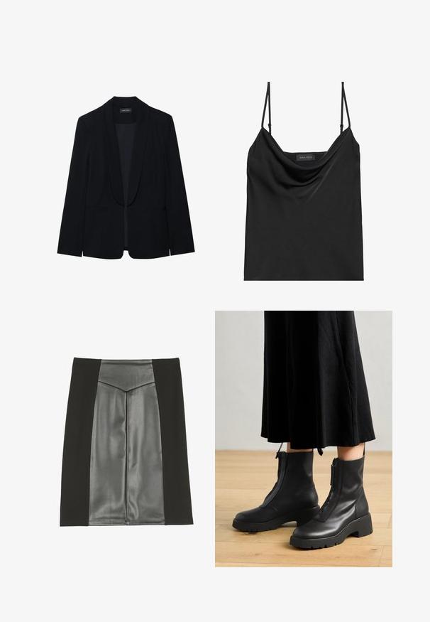 Blazer negro con solapa de pico, cierre de un botón, dos bolsillos frontales y una tela suave y texturizada. Sin patrones ni adornos visibles.; Camiseta de tirantes negra con escote de cuerda y tirantes finos ajustables. Presenta una tela suave, un ajuste relajado y un diseño sencillo sin adornos.; Anna Field by Zalando Falda acampanada - black; Botas de tobillo de cuero negro con suela de plataforma gruesa y cremallera delantera. Textura suave con un diseño minimalista.