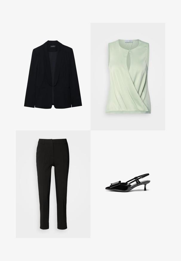 Zwarte blazer met een piekrevers, enkele knoopsluiting, twee cargopockets en een gladde, gestructureerde stof. Geen zichtbare patronen of versieringen.; Mouwloze lichtgroene top met een keyhole-detail aan de voorkant, zachte textuur en gedrapeerd ontwerp. Gemaakt van glad, rekbaar materiaal.; Zwarte op maat gemaakte broeken met een slim fit, rechte voorkant en geen zichtbare zakken, met een gladde textuur en een nette afwerking aan de zoom.; Zwarte gepatineerde lederen slingback hakken met een puntige neus, een strikdetail aan de voorkant en een kleine stilettohak. De bandjes hebben verstelbare gespen.