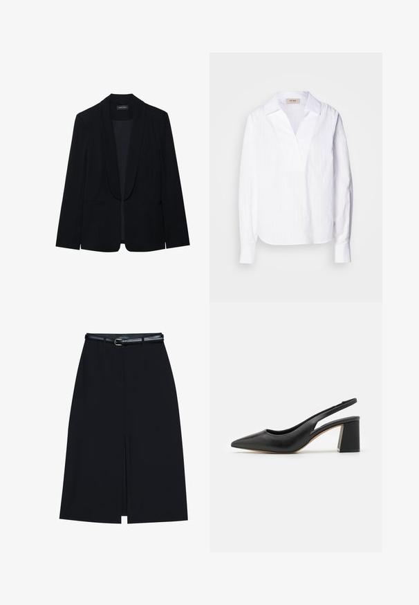 Blazer negro con solapa de pico, cierre de un botón, dos bolsillos frontales y una tela suave y texturizada. Sin patrones ni adornos visibles.; Camisa blanca de manga larga hecha de una tela ligera texturizada, con escote en V, cuello oversized y sutiles rayas verticales.; Falda negra hasta la rodilla con una abertura en la parte delantera, hecha de tejido suave. Presenta un delgado cinturón negro con una hebilla plateada y pasadores para el cinturón.; Zapato de tacón slingback negro de cuero con punta afilada, diseño recortado y tacón grueso. Textura suave con una estética minimalista.