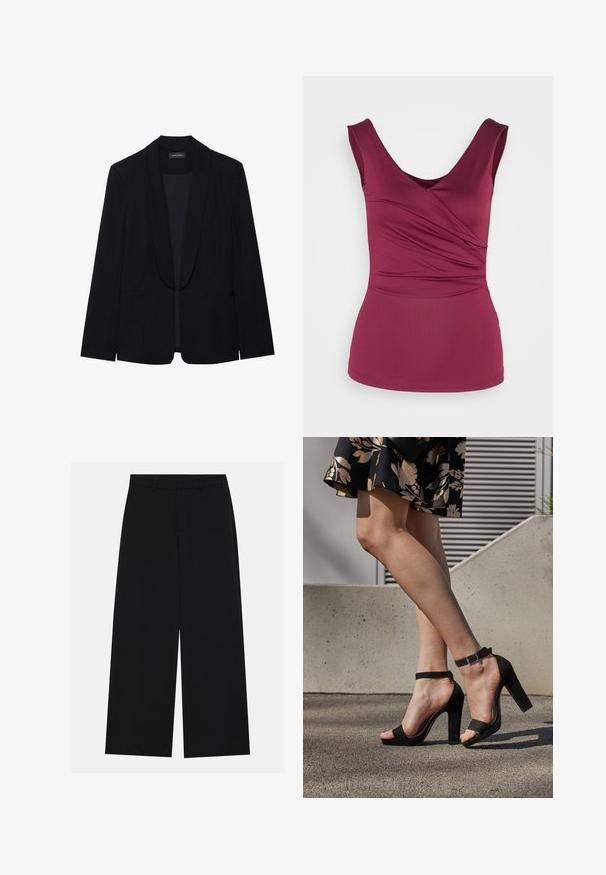 Blazer negro con solapa de pico, cierre de un botón, dos bolsillos frontales y una tela suave y texturizada. Sin patrones ni adornos visibles.; Anna Field Top - dark red; Pantalones negros de pierna ancha hechos de una tela suave. Presentan una cintura plana con pasadores de cinturón y sin bolsillos visibles. Diseño sencillo.; Sandalias de tacón alto de ante negro con una correa en el tobillo y hebilla, diseño de punta abierta y tacón ancho. Textura suave y estilo minimalista.