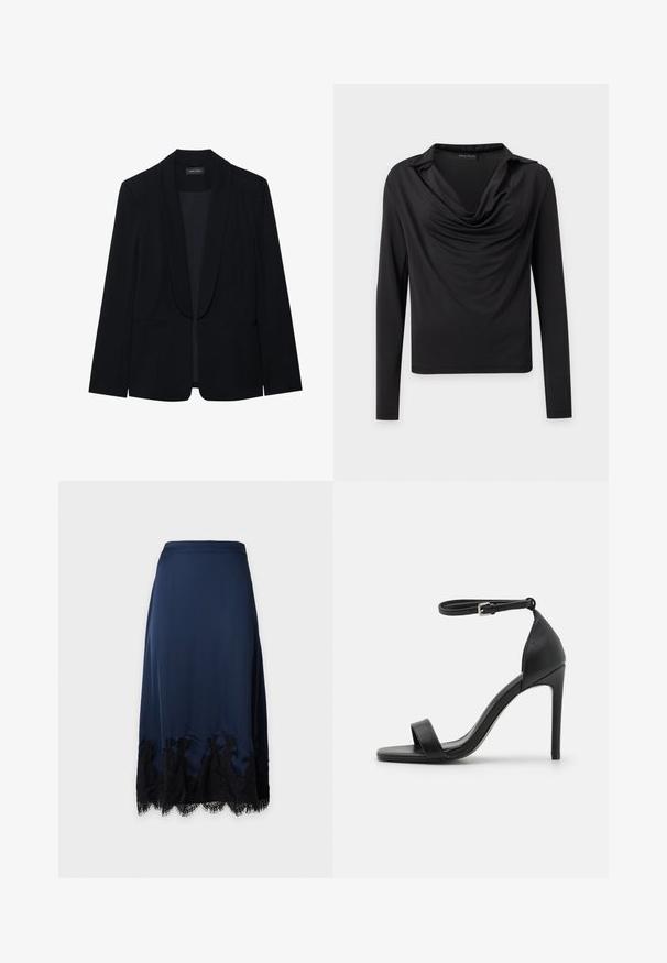 Blazer noir avec un revers en pointe, fermeture à un bouton, deux poches avant et un tissu lisse et texturé. Sans motifs ni embellissements visibles.; Haut noir à manches longues avec un col bénitier drapé et un tissu doux, présenté sur un fond clair uni.; Jupe en satin bleu marine avec bordure en dentelle noire à l’ourlet, longueur mi-longue et taille lisse, présentée sur un fond uni.; Sandale noire à talons hauts au design épuré, avec une bride au niveau de la cheville, un bout ouvert et une texture en cuir lisse.