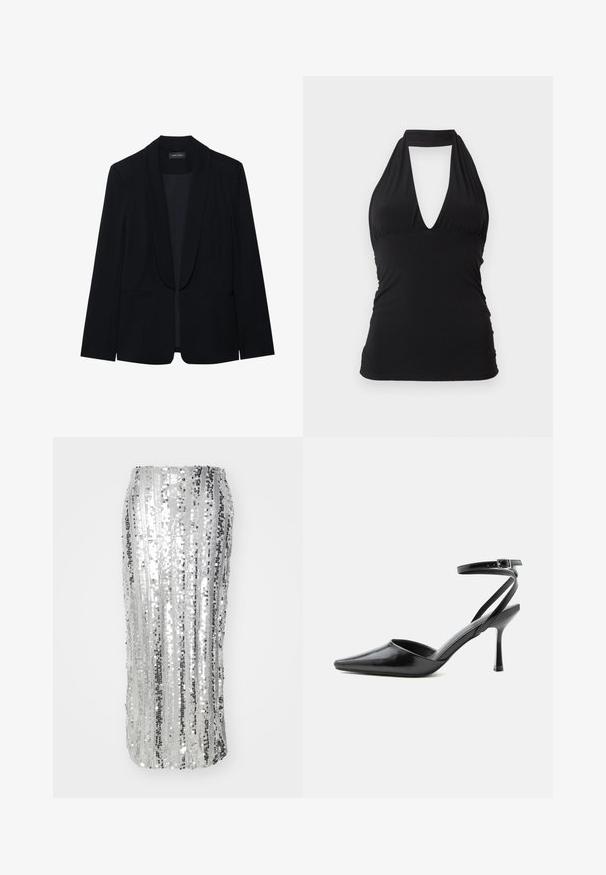 Schwarzer Blazer mit Reverskragen, einer Knopfleiste, zwei vorderen Taschen und einem glatten, strukturierten Stoff. Keine sichtbaren Muster oder Verzierungen.; Schwarzes Neckholder-Top mit tiefem V-Ausschnitt und tailliertem Schnitt, ärmelloses Design, auf hellem Hintergrund dargestellt.; Silberne Pailletten-Bleistiftrock mit vertikalen Streifen, figurbetontem Schnitt und glattem, schimmerndem Finish. Elegantes Design, geeignet für formelle Anlässe.; Schwarzer spitzer High Heel mit dünnen Knöchelriemen und silberner Schnalle auf einfachem hellem Hintergrund.