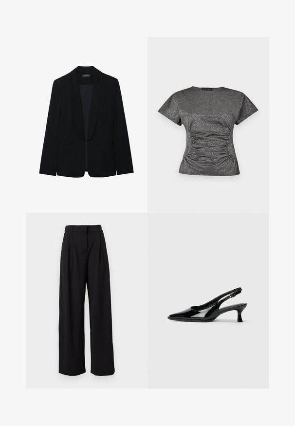 Blazer negro con solapa de pico, cierre de un botón, dos bolsillos frontales y una tela suave y texturizada. Sin patrones ni adornos visibles.; Top de manga corta en gris oscuro con brillo metálico, con un escote redondo y detalle de fruncido recogido en la cintura.; Pantalones negros de talle alto y pierna ancha con trabillas para cinturón y cierre delantero con cremallera, mostrados sobre un fondo blanco.; Zapatos de charol negro tipo slingback con punta afilada y tacón bajo. Correa ajustable con hebilla en el tobillo.